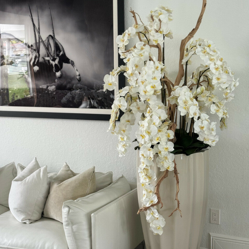 Jardinière beige sable avec orchidées blanches en cascade